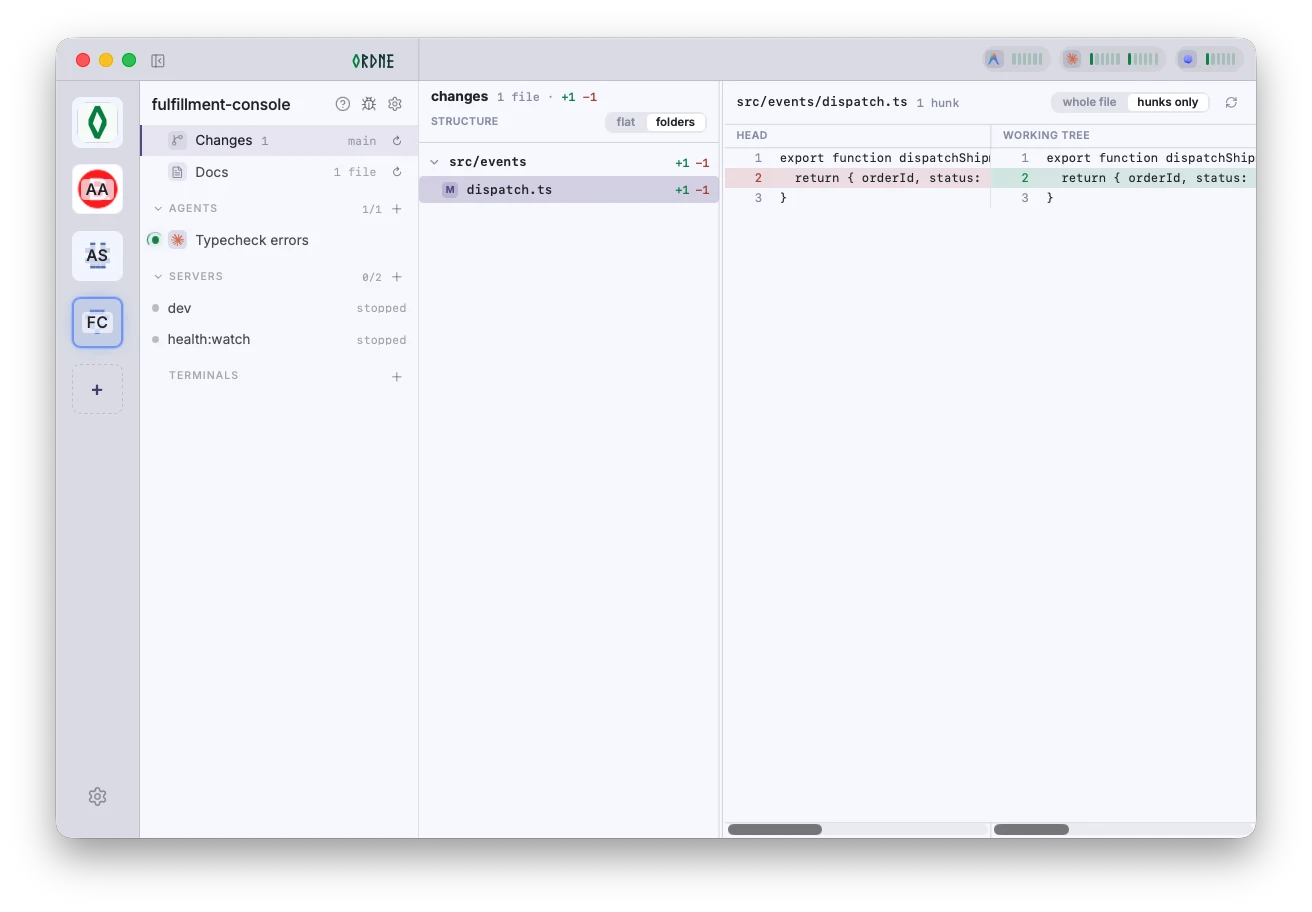 Ordne’s Changes view shows a live working-tree diff beside the project’s agents, servers and docs.
