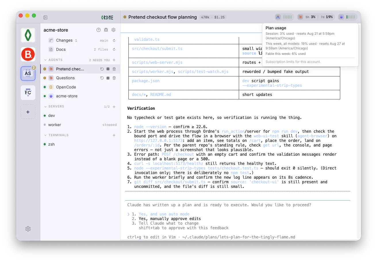 Ordne's plan usage popover, showing session and weekly model usage, reset times, and the usage indicators in the project header.